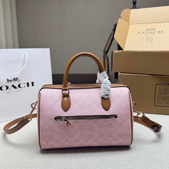 🍓Coach Medium Rowan Satchel In Signature Canvas Powder Pink With Charms - Picture 2 of 9